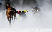 17 February 2019; Driver Erich Bottlang loses control of his horse Sociopath during the Grand Prix Credit Suisse skikjöring race at the White Turf horse racing event at St Moritz, Switzerland. Photo by Ramsey Cardy/Sportsfile