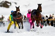 17 February 2019; Lips Legend and driver Franco Moro, left, after winning the Grand Prix Credit Suisse skikjöring race, from second place Usbeia and driver Valeria Holinger, right, at the White Turf horse racing event at St Moritz, Switzerland. Photo by Ramsey Cardy/Sportsfile