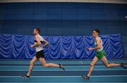 17 February 2019; John Travers of Donore Harriers, Co. Dublin, left, and Brian Fay of Raheny Shamrock AC, Co. Dublin, competing in the Men's 3000m event during day two of the Irish Life Health National Senior Indoor Athletics Championships at the National Indoor Arena in Abbotstown, Dublin. Photo by Eóin Noonan/Sportsfile