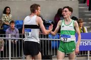 17 February 2019; John Travers of Donore Harriers, Co. Dublin, left, is congratulated by Brian Fay of Raheny Shamrock AC, Co. Dublin, after winning the Men's 3000m event during day two of the Irish Life Health National Senior Indoor Athletics Championships at the National Indoor Arena in Abbotstown, Dublin. Photo by Sam Barnes/Sportsfile