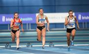 17 February 2019; Athletes from left, Lauren Roy of City of Lisburn AC, Co. Antrim, Ciara Neville of Emerald AC, Co. Limerick and Lauren Cadden of Sligo AC, Co. Sligo, competing in the women's 60m event during day two of the Irish Life Health National Senior Indoor Athletics Championships at the National Indoor Arena in Abbotstown, Dublin. Photo by Eóin Noonan/Sportsfile