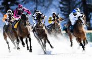 17 February 2019; Runners and riders compete in the Longines 80 Grosser Preis von St. Moritz flat race at the White Turf horse racing event at St Moritz, Switzerland. Photo by Ramsey Cardy/Sportsfile