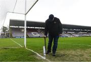 17 February 2019; Groundsman James Flaherty paints the goal line prior to the Allianz Hurling League Division 1B Round 3 match between Galway and Dublin at Pearse Stadium in Salthill, Galway. Photo by Harry Murphy/Sportsfile