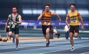 17 February 2019; Athletes from left, Dean Adams of Ballymena & Antrim AC, Co. Antrim, Conor Morey of Leevale AC, Co. Cork, and Joe Gibson of Bandon AC, Co. Cork, competing in the Men's 60m event during day two of the Irish Life Health National Senior Indoor Athletics Championships at the National Indoor Arena in Abbotstown, Dublin. Photo by Sam Barnes/Sportsfile