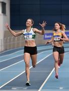 17 February 2019; Amy O'Donoghue of Emerald AC, Co. Limerick, celebrates on her way to winning the Women's 1500m event during day two of the Irish Life Health National Senior Indoor Athletics Championships at the National Indoor Arena in Abbotstown, Dublin. Photo by Sam Barnes/Sportsfile