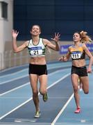 17 February 2019; Amy O'Donoghue of Emerald AC, Co. Limerick, celebrates on her way to winning the Women's 1500m event during day two of the Irish Life Health National Senior Indoor Athletics Championships at the National Indoor Arena in Abbotstown, Dublin. Photo by Sam Barnes/Sportsfile