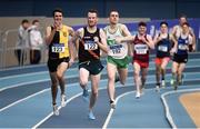 17 February 2019; Eoin Pearce of Clonliffe Harriers AC, Co. Dublin, centre, on his way to winning the Men's 1500m event, ahead of Eoin Everard of Kilkenny City Harriers AC, Co. Kilkenny, left, and Kieran Kelly of Raheny Shamrock AC, Co. Dublin, right, during day two of the Irish Life Health National Senior Indoor Athletics Championships at the National Indoor Arena in Abbotstown, Dublin. Photo by Sam Barnes/Sportsfile