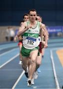 17 February 2019; Kieran Kelly of Raheny Shamrock AC, Co. Dublin, competing in the Men's 1500m event during day two of the Irish Life Health National Senior Indoor Athletics Championships at the National Indoor Arena in Abbotstown, Dublin. Photo by Sam Barnes/Sportsfile