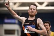17 February 2019; Eoin Pearce of Clonliffe Harriers AC, Co. Dublin, celebrates winning the Men's 1500m event during day two of the Irish Life Health National Senior Indoor Athletics Championships at the National Indoor Arena in Abbotstown, Dublin. Photo by Sam Barnes/Sportsfile