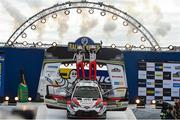 17 February 2019; Ott Tanak and Martin Jarveoja in their Toyota Yaris WRC celebrate their win at the FIA World Rally Championship Sweden at Torsby in Sweden. Photo by Philip Fitzpatrick/Sportsfile
