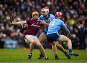 17 February 2019; Davy Glennon of Galway in action against in action against Paddy Smyth, left and Cian O'Callaghan of Dublin during the Allianz Hurling League Division 1B Round 3 match between Galway and Dublin at Pearse Stadium in Salthill, Galway. Photo by Harry Murphy/Sportsfile