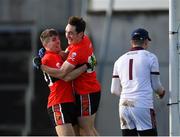 17 February 2019; Conor Geaney of UCC, left, celebrates with team-mate Padraig Clifford after scoring his side's fourth goal during the Electric Ireland Sigerson Cup semi-final match between University College Cork and National University of Ireland, Galway at Mallow GAA in Mallow, Cork. Photo by Seb Daly/Sportsfile