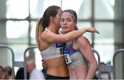 17 February 2019; Siofra Cleirigh Buttner of Dundrum South Dublin AC, Co. Dublin, right, is congratulated by Fiona Kehoe of Kilmore AC, Co. Wexford, after winning the Women's 800m event during day two of the Irish Life Health National Senior Indoor Athletics Championships at the National Indoor Arena in Abbotstown, Dublin. Photo by Sam Barnes/Sportsfile