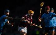 17 February 2019; Davy Glennon of Galway in action against Seán Moran and Danny Sutcliffe of Dublin during the Allianz Hurling League Division 1B Round 3 match between Galway and Dublin at Pearse Stadium in Salthill, Galway. Photo by Harry Murphy/Sportsfile