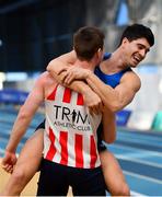 17 February 2019; Shane Aston of Trim AC, Co. Meath, left, is congratulated by Kourosh Foroughi of Star of the Sea AC, Co. Meath, whilst competing in the Men's High Jump event during day two of the Irish Life Health National Senior Indoor Athletics Championships at the National Indoor Arena in Abbotstown, Dublin. Photo by Sam Barnes/Sportsfile