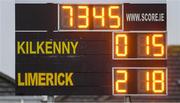 17 February 2019; A general view of the full-time score after the Allianz Hurling League Division 1A Round 3 match between Kilkenny and Limerick at Nowlan Park in Kilkenny. Photo by Piaras Ó Mídheach/Sportsfile
