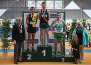 17 February 2019; Athletics Ireland President Georgina Drumm with men's 1500m medalists, from left, Eoin Everard of Kilkenny City Harriers AC, Co. Kilkenny, Silver, Eoin Pearce of Clonliffe Harriers AC, Co. Dublin, Gold, and Kieran Kelly of Raheny Shamrock AC, Co. Dublin, Bronze, during day two of the Irish Life Health National Senior Indoor Athletics Championships at the National Indoor Arena in Abbotstown, Dublin. Photo by Eóin Noonan/Sportsfile