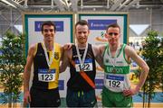 17 February 2019; Men's 1500m medalists, from left, Eoin Everard of Kilkenny City Harriers AC, Co. Kilkenny, Silver, Eoin Pearce of Clonliffe Harriers AC, Co. Dublin, Gold, and Kieran Kelly of Raheny Shamrock AC, Co. Dublin, Bronze, during day two of the Irish Life Health National Senior Indoor Athletics Championships at the National Indoor Arena in Abbotstown, Dublin. Photo by Eóin Noonan/Sportsfile