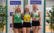17 February 2019; Women's Pole Vault medallists, from left, Ciara Hickey of Blarney/Inniscara AC, Co. Cork, silver, Clodagh Walsh of Abbey Striders AC, Co. Cork, gold, and Orla Coffey of Carraig-Na-Bhfear AC, Co. Cork, bronze during day two of the Irish Life Health National Senior Indoor Athletics Championships at the National Indoor Arena in Abbotstown, Dublin. Photo by Sam Barnes/Sportsfile