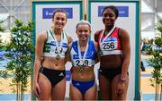 17 February 2019;  Women's 60m medallists, from left, Ciara Neville of Emerald AC, Co. Limerick, silver, Molly Scott of St Laurence O'Toole A.C., Co. Carlow, gold, and Patience Jumbo-Gula of Dundalk St. Gerards AC, Co. Louth, bronze, during day two of the Irish Life Health National Senior Indoor Athletics Championships at the National Indoor Arena in Abbotstown, Dublin. Photo by Sam Barnes/Sportsfile