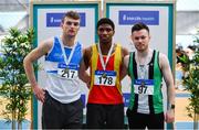 17 February 2019; Men's 60m medallists, from left, Marcus Lawler of St. Laurence O'Toole AC, Co. Carlow, silver, Joseph Olalekan Ojemumi of Tallaght AC, Co. Dublin, gold, Dean Adams of Ballymena & Antrim AC, Co. Antrim, bronze, during day two of the Irish Life Health National Senior Indoor Athletics Championships at the National Indoor Arena in Abbotstown, Dublin. Photo by Sam Barnes/Sportsfile