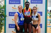 17 February 2019; Women's 200m medallists, from left, Catherine McManus of Dublin City Harriers AC, Co. Dublin, silver, Rhasidat Adeleke of Tallaght AC, Co. Dublin, gold, and Aoife Lynch of Donore Harriers, Co. Dublin, bronze, during day two of the Irish Life Health National Senior Indoor Athletics Championships at the National Indoor Arena in Abbotstown, Dublin. Photo by Sam Barnes/Sportsfile