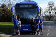 18 February 2019; Leinster Rugby and Aircoach announced today that Aircoach will continue as Official Coach Supplier to Leinster Rugby and their new 191 D bus was also unveiled to the players and coaching team at their UCD base. The new bus will be responsible for transport of the Leinster Rugby squad to and from Dublin Airport for all their away fixtures throughout the season as well as inter-provincial Guinness PRO14 games. In attendance at Leinster Rugby HQ in UCD were Dervla McKay, Managing Director of Aircoach, Mick Dawson, CEO of Leinster Rugby, Leo Cullen, Head Coach of Leinster Rugby, John Fogarty, Leinster scrum coach with Leinster Rugby players Caelan Doris and Barry Daly. Pictured are, from left, Leo Cullen, Dervla McKay, Mick Dawson, Barry Daly and Caelan Doris. Photo by Piaras Ó Mídheach/Sportsfile
