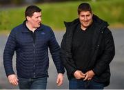 18 February 2019; Atlanta Falcons NFL player Alex Mack, right, and Blackrock rugby coach Mick Carroll arrive for Leinster Rugby Squad Training at Rosemount in UCD, Dublin. Photo by Piaras Ó Mídheach/Sportsfile
