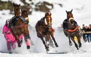 17 February 2019; Runners and riders during the Grand Prix Credit Suisse skikjöring race at the White Turf horse racing event at St Moritz, Switzerland. Photo by Ramsey Cardy/Sportsfile