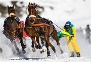 17 February 2019; Lips Legend and rider Moro Franco on their way to winning the Grand Prix Credit Suisse skikjöring race at the White Turf horse racing event at St Moritz, Switzerland. Photo by Ramsey Cardy/Sportsfile