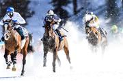17 February 2019; Jungleboogie, with Eddy Hardouin up, left, during the Longines 80 Grosser Preis von St. Moritz flat race at the White Turf horse racing event at St Moritz, Switzerland. Photo by Ramsey Cardy/Sportsfile