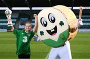 20 February 2019; Barry The Bodhran, the official tournament mascot for the 2019 UEFA U17 European Championships, which was designed by competition winner Clara Hogan, aged 11, from Scoil Mhuire, Barntown, Co Wexford, during the launch of the UEFA U17 European Championships Mascot at Tallaght Stadium in Dublin. Photo by Stephen McCarthy/Sportsfile