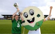 20 February 2019; Barry The Bodhran, the official tournament mascot for the 2019 UEFA U17 European Championships, which was designed by competition winner Clara Hogan, aged 11, from Scoil Mhuire, Barntown, Co Wexford, during the launch of the UEFA U17 European Championships Mascot at Tallaght Stadium in Dublin. Photo by Stephen McCarthy/Sportsfile