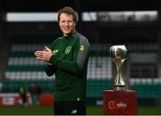 20 February 2019; Republic of Ireland Head Coach Colin O’Brien at the unveiling of Barry The Bodhran, the official tournament mascot for the 2019 UEFA U17 European Championships, which was designed by competition winner Clara Hogan, aged 11 from Scoil Mhuire, Barntown, Co Wexford, at Tallaght Stadium in Dublin. Photo by Stephen McCarthy/Sportsfile