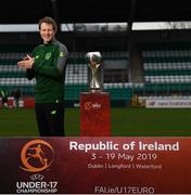 20 February 2019; Republic of Ireland Head Coach Colin O’Brien at the unveiling of Barry The Bodhran, the official tournament mascot for the 2019 UEFA U17 European Championships, which was designed by competition winner Clara Hogan, aged 11 from Scoil Mhuire, Barntown, Co Wexford, at Tallaght Stadium in Dublin. Photo by Stephen McCarthy/Sportsfile