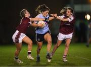 20 February 2019; Tarah O'Sullivan of UCD in action against Eimear O'Kane, left, and Chloe Gilmore Miskell of NUI Galway during the O’Connor Cup Round 2 match between University College Dublin and National University of Ireland Galway at Billings Park in Belfield, UCD, Dublin. Photo by Stephen McCarthy/Sportsfile