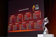 21 February 2019; A view of the draw results as shown on the big screen following the UEFA Women's EURO 2021 Qualifying Group Stage Draw at UEFA Headquarters in Nyon, Switzerland. Photo by Harold Cunningham / UEFA via Sportsfile