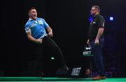 21 February 2019; Gerwyn Price, left, celebrates winning a leg during his Premier League Darts Night Three match against James Wade at the 3Arena in Dublin. Photo by Seb Daly/Sportsfile