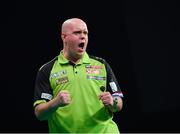 21 February 2019; Michael van Gerwen celebrates after winning a leg during his Premier League Darts Night Three match against Rob Cross, at the 3Arena in Dublin. Photo by Seb Daly/Sportsfile