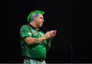 21 February 2019; Peter Wright reacts after winning his Premier League Darts Night Three match against Steve Lennon at the 3Arena in Dublin Photo by Seb Daly/Sportsfile