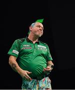 21 February 2019; Peter Wright reacts after winning his Premier League Darts Night Three match against Steve Lennon at the 3Arena in Dublin Photo by Seb Daly/Sportsfile