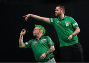 21 February 2019; (EDITORS NOTE: Image created using the multiple exposure function in camera) Peter Wright, left, and Steve Lennon during their Premier League Darts Night Three match at the 3Arena in Dublin Photo by Seb Daly/Sportsfile