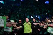 21 February 2019; Michael van Gerwen makes his way to the stage prior to his Premier League Darts Night Three match against Rob Cross, at the 3Arena in Dublin. Photo by Seb Daly/Sportsfile