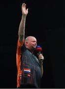 21 February 2019; Raymond van Barneveld says goodbye to the crowd following his Premier League Darts Night Three match against Mensur Suljovic at the 3Arena in Dublin. Photo by Seb Daly/Sportsfile