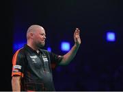 21 February 2019; Raymond van Barneveld celebrates winning a leg during his Premier League Darts Night Three match against Mensur Suljovic at the 3Arena in Dublin. Photo by Seb Daly/Sportsfile
