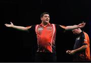 21 February 2019; Mensur Suljovic celebrates winning a leg during his Premier League Darts Night Three match against Raymond van Barneveld at the 3Arena in Dublin. Photo by Seb Daly/Sportsfile