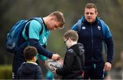22 February 2019; Jordi Murphy signs autographs for young fans on arrival at Ireland Rugby squad training at Carton House in Maynooth, Kildare. Photo by Brendan Moran/Sportsfile