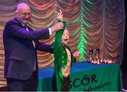 16 February 2019; Zara McCavigan representing Ulster from St. Mary’s, Antrim, is presented with her medal by Uachtaráin Cumann Lúthchleas Gael John Horan after winning the Léiriú catagory during the Cream of The Crop at Scór na nÓg All Ireland Finals at St Gerards De La Salle Secondary School in Castlebar, Co Mayo. Photo by Eóin Noonan/Sportsfile