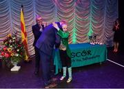 16 February 2019; Zara McCavigan representing Ulster from St. Mary’s, Antrim, is presented with her medal by Uachtaráin Cumann Lúthchleas Gael John Horan after winning the Léiriú catagory during the Cream of The Crop at Scór na nÓg All Ireland Finals at St Gerards De La Salle Secondary School in Castlebar, Co Mayo. Photo by Eóin Noonan/Sportsfile