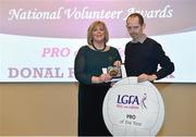 22 February 2019; Donal Fitzpatrick, Co. Kildare, is presented with the Public Relations Officer (PRO) of the Year award by Ladies Gaelic Football Association President Marie Hickey, at the 2018 LGFA Volunteer of the Year awards night. Croke Park, Dublin. Photo by Sam Barnes/Sportsfile